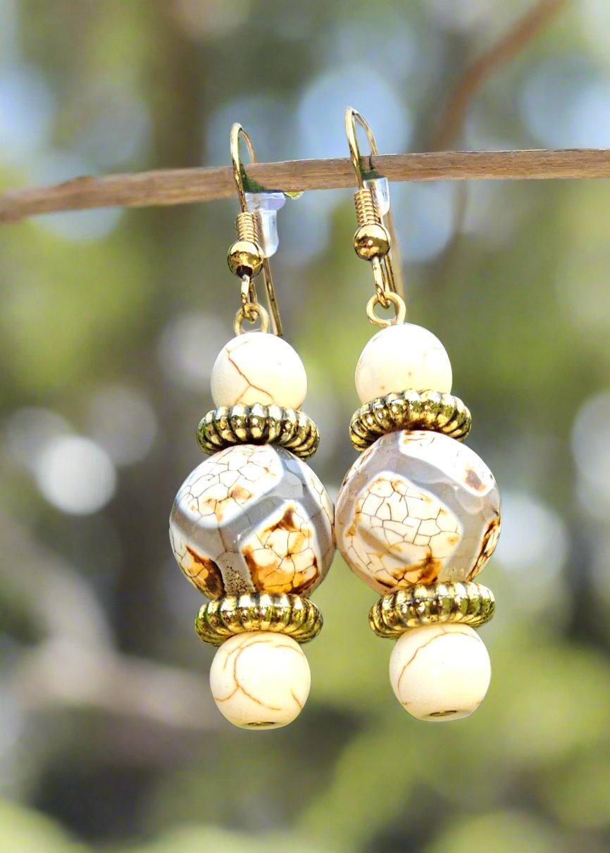 Natural stones, leather, handmade earrings; boho style.