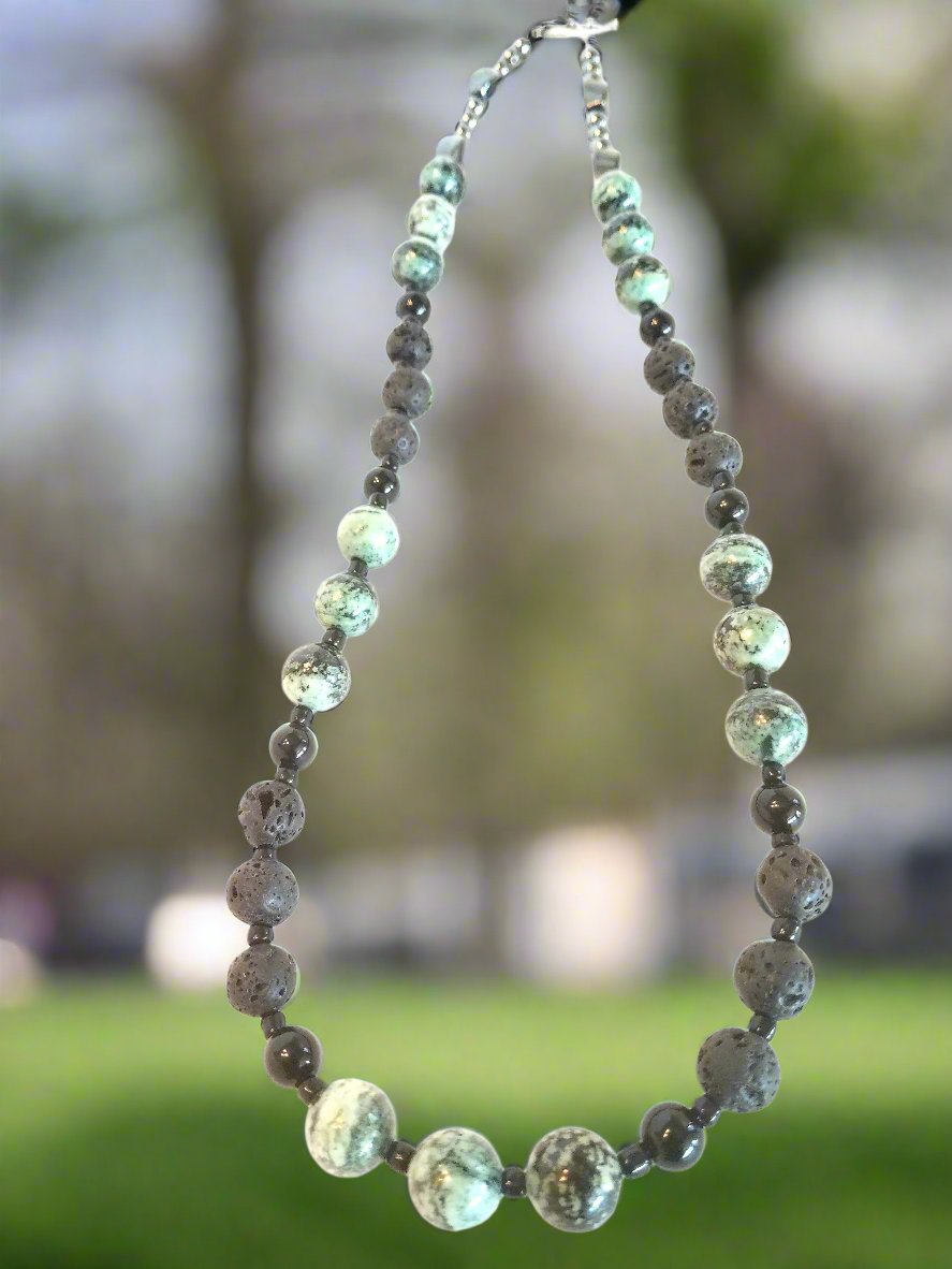 Green zebra jasper is the stone of determination, motivation, and facing challenges. It recharges your energy to finish what you set out to do. It is also a stone of Earth energy, and will help you to feel grounded and connected to Mother Earth. Art of Natural Health trendy gemstone jewelry, look good, feel good!